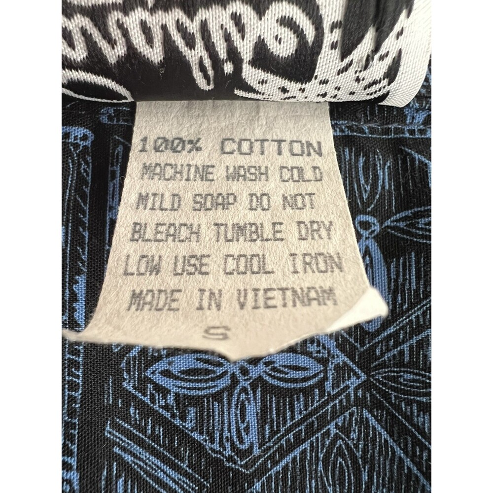 Vintage Men's Hawaiian Shirt 100% Cotton Aloha Tiki Block Print Style Blue Blk S - Picture 5 of 7